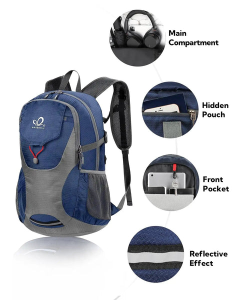 Ultralight 30L Packable Hiking Backpack For Women And Men Foldable Travel Daypack showing compartments and reflective strip.