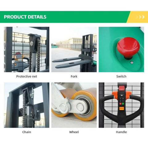 Close-up details of Heavy Duty Electric Pallet Stacker Battery Powered Hydraulic Lift Truck components including fork, chain, and switch.
