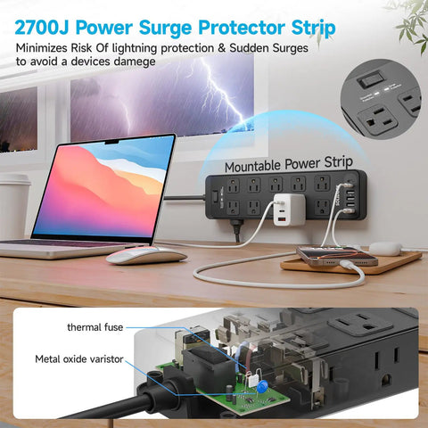 Power Strip With 20 AC Outlets And 6 USB Ports Heavy Duty Surge Protector 15 Amp 6ft Extension Cord 2700 Joules 120 to 240V Wide Voltage mounted on desk