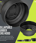 Collapsible rubber lens hood with deluxe lens kit for Rebel DSLRs, prevents flare and protects 58mm lenses in various models.