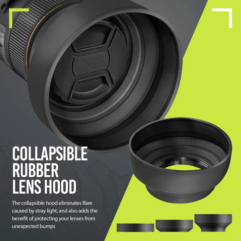 Collapsible rubber lens hood with deluxe lens kit for Rebel DSLRs, prevents flare and protects 58mm lenses in various models.