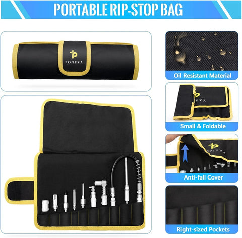 PONEYA 9-piece grease gun coupler kit with 12-inch hose in black-yellow roll-up case for grease fittings.