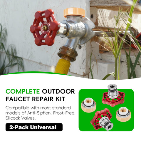 2-Pack Universal Outdoor Faucet Repair Kit With Vacuum Breaker Included For Anti Siphon Frost Free Hose Bib Sillcock Valve Replacement Wall Hydrant Complete Replacement Kit For No Fuss Home Fixes, shown with red valve and orange vacuum breaker
