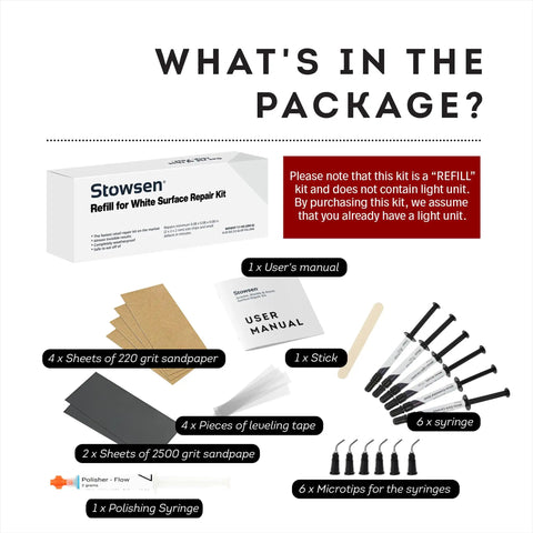 Refill For White Surface Repair Kit That Fixes Chips And Scratches In Minutes With sandpaper, manual, syringes, and stick