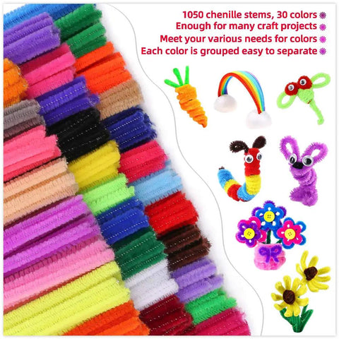 Crazy Color Chenille Stems Kit With 1050 Pieces In 30 Assorted Colors For Crafting DIY Projects Decorations And Classroom Fun Flexible 6mm By 12 Inch Fuzzy Pipe Cleaners, assorted craft stems with sample pipe cleaner animals and flowers