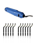 Deburring tool kit with blue anti-slip handle and ten BS1010 blades, front view.