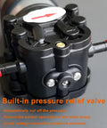 12V Self Priming Diaphragm Water Pump, close-up view of built-in pressure relief valve, 1.3 LPM At 30 PSI, food-grade