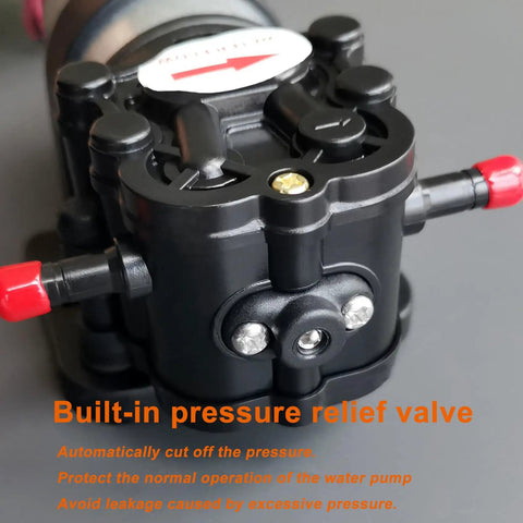 12V Self Priming Diaphragm Water Pump, close-up view of built-in pressure relief valve, 1.3 LPM At 30 PSI, food-grade