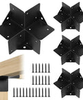 3-Way Right Angle Pergola Corner Bracket Kit, 4x4 Inch, 4 Pack with screws, heavy duty black steel brackets displayed