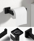 5 Piece Matte Black Bathroom Hardware Set Featuring 15.7 Inch Towel Bar, Towel Ring, Toilet Paper Holder, And 2 Towel Hooks Made From SUS304 Stainless Steel Rustproof Wall Mounted Bath Accessories, toilet paper holder displayed.