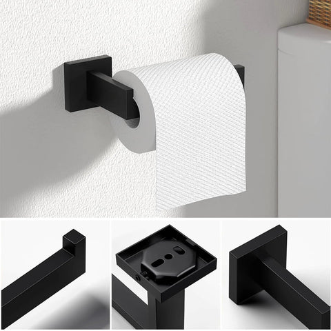 5 Piece Matte Black Bathroom Hardware Set Featuring 15.7 Inch Towel Bar, Towel Ring, Toilet Paper Holder, And 2 Towel Hooks Made From SUS304 Stainless Steel Rustproof Wall Mounted Bath Accessories, toilet paper holder displayed.