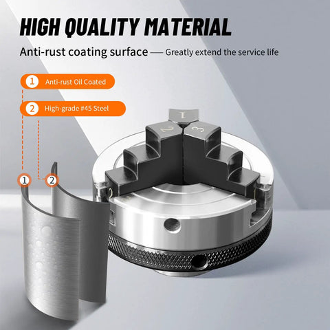 Top Shelf Three Inch Three Jaw Self Centering Wood Lathe Chuck Featuring Reversible Stepped Jaws showing high-grade steel and anti-rust features.