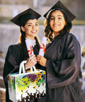 Two Pack Graduation Gift Bags With Tissue Paper, Cards And Reusable Nonwoven Totes, White Colorful And Black Gold Design, 12.6 Inch Size