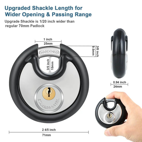 Heavy Duty Padlock Set Four Pack Keyed Alike 70mm Disc Lock for Sheds, Garages, Weatherproof Steel Shackle
