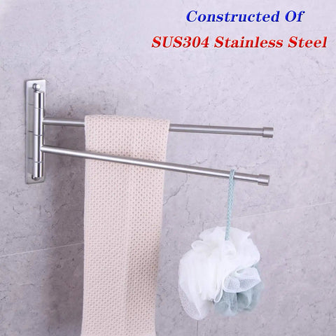 Two Arm Bathroom Swing Arm Towel Bar Wall Mount In Stainless Steel Brushed Finish with towel hanging
