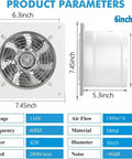 6 Inch Wall Mounted Exhaust Fan For Garage And Home Use With Backdraft Damper Delivers 308 CFM For Quick Ventilation In Attic Basement And Commercial Spaces Heavy Duty And Energy Efficient 42W 110V White, showing front and side view with dimensions 7.45x6.3 inches.