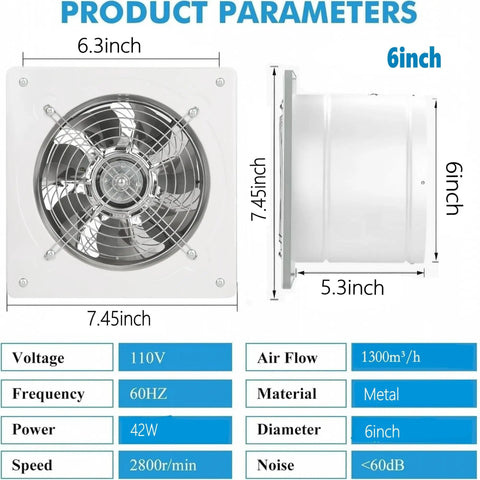 6 Inch Wall Mounted Exhaust Fan For Garage And Home Use With Backdraft Damper Delivers 308 CFM For Quick Ventilation In Attic Basement And Commercial Spaces Heavy Duty And Energy Efficient 42W 110V White, showing front and side view with dimensions 7.45x6.3 inches.