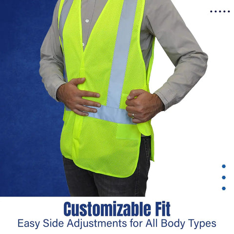 Person wearing High Visibility Neon Safety Vest With Universal Fit ANSI ISEA Class 2 Lightweight Sweat Free Mesh for Worksites