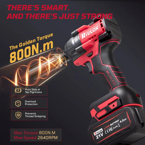 Brutal 12 Volt Cordless Impact Wrench With 800 Nm High Torque Brushless Motor showing brushless design and LED work light features.