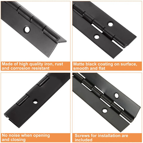 Rock Solid Nailed It Heavy Duty Black Iron Piano Hinges Eight Pack 16 Inch Long Continuous Door Hardware with matte surface and screws.