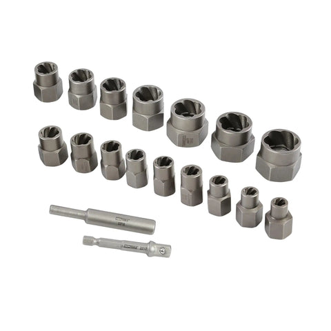 CrMo Impact Nut And Bolt Extractor Kit, 18 Piece Set, Three Eighths Inch Drive For Stripped And Damaged Fasteners, impact wrench compatible.