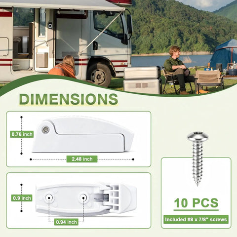 Five Piece RV Door Holder Kit For Campers And Trailers Keeps Luggage Compartment Doors Open with size details and screws