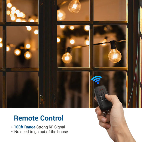 Hand holding remote for Outdoor String Light Dimmer With Remote Control Weatherproof Plug In Dimmer Switch, lights in background