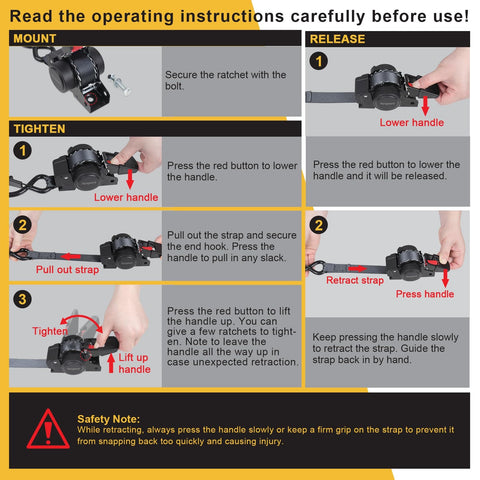 Instruction guide for Beefy Retractable Transom Tie Down Straps 1 Inch By 10 Feet Bolt On Ratchet Straps for cargo use