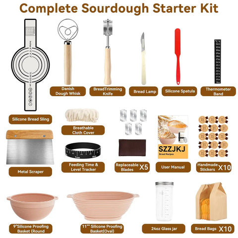 All In One Sourdough Starter Kit For Home Bakers With 11 Inch Oval And 9 Inch Round Silicone Banneton Baskets, 24oz Starter Jar