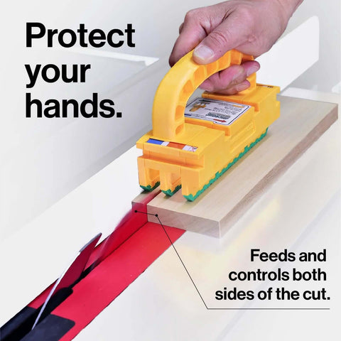 MicroJig GRR-RIPPER 2GO push block in yellow and green for routers, jointers, band and table saws.