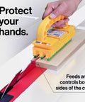 Ride Safe 3D Push Block With Grippy Grip Pad And Kickback Crusher for safe cuts on table saw, showing secure grip on wood.