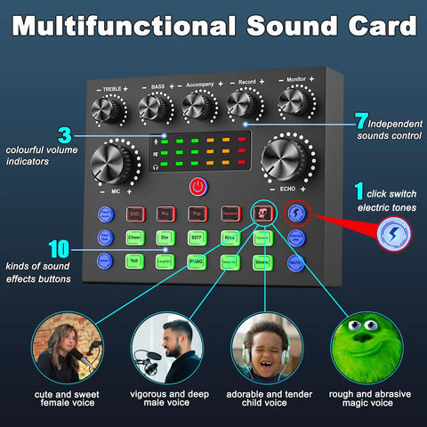 Multifunctional sound card from Dual Podcast Gear Bundle For Two With V8s Voice Changer And BM 800 Studio Condenser Microphones Kit.