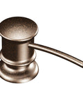 Deck Mounted Kitchen Soap Dispenser With Refillable Bottle Above The Sink In Oil Rubbed Bronze Finish, top view showing spout