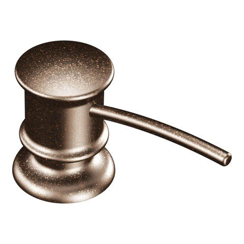 Deck Mounted Kitchen Soap Dispenser With Refillable Bottle Above The Sink In Oil Rubbed Bronze Finish, top view showing spout