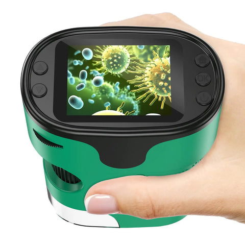 Kid holding 1000X Handheld Microscope for Kids With 4K Screen and 5 Level Zoom, displaying microbes on screen, green design.