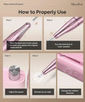 Diagram showing steps to use Clip On Rechargeable Nail Drill For Beginners On The Go, 30K RPM E File With LCD in pink
