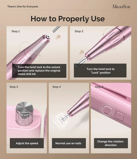 Diagram showing steps to use Clip On Rechargeable Nail Drill For Beginners On The Go, 30K RPM E File With LCD in pink