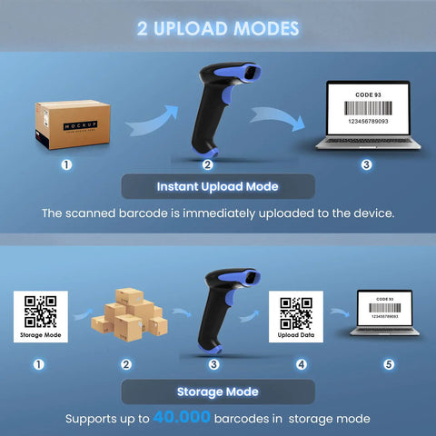 Diagram showing 2 upload modes for 2D Bluetooth Barcode Scanner With 3 In 1 Connectivity Bluetooth 2.4G And USB Wired Handheld Cordless QR Reader.