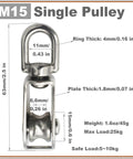 Beefy Stainless M15 Single Pulley Block Set 4 Pack For Lifting And Positioning With 15mm Wheel Diameter 6.6mm Groove 11mm Swivel Ring 4mm Plate And 63mm Total Length 45g Each For Wire Rope Crane With Swivel Hook Head, stainless steel pulley block with dimensions