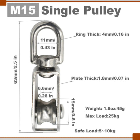 Beefy Stainless M15 Single Pulley Block Set 4 Pack For Lifting And Positioning With 15mm Wheel Diameter 6.6mm Groove 11mm Swivel Ring 4mm Plate And 63mm Total Length 45g Each For Wire Rope Crane With Swivel Hook Head, stainless steel pulley block with dimensions