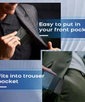 Man placing Pop Up Card Holder Wallet For Men Ultra Thin Metal Front Pocket Card Case With RFID Blocking into a jacket pocket.