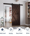 Brown Barn Door 36 Inch By 84 Inch With Six Point Six Foot Barn Door Hardware Track Kit And Handle Included Double Surface Easy Assembly K Frame Coffee Finish Spruce Wood Construction installed
