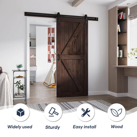 Brown Barn Door 36 Inch By 84 Inch With Six Point Six Foot Barn Door Hardware Track Kit And Handle Included Double Surface Easy Assembly K Frame Coffee Finish Spruce Wood Construction installed