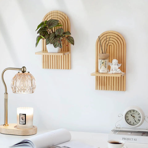 Lowkey Stunning Boho Wall Decor Set Of Two Natural Wood 3D Arch Candle Holder Mid Century Modern Living Room Accent With Sturdy Screw Mount For Instant Cozy Vibes. Two wooden wall sconces with plants and decorations.