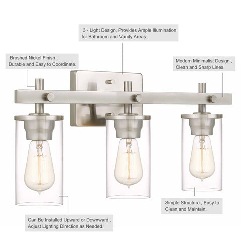 Modern Farmhouse Three Light Vanity Light With Clear Glass Shades In Brushed Nickel For Bathroom Hallway Entryway Kitchen Mirror And Laundry Room Must Have For Any Modern Bathroom Or Powder Room And Hallway Decor