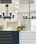 Black Farmhouse Chandelier With Six Clear Glass Shades Hanging Over Dining Table, showcasing its sleek design and sturdy metal frame.