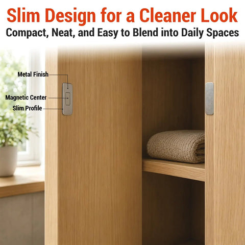 8 Pack Magnetic Cabinet Door Catch Set With Slim Stainless Steel Design Adhesive Mounting in wooden cabinet