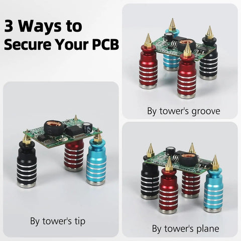 Magnetic PCB Holder Set For Soldering Six Piece Hands Free Work Station demonstrating three support methods for circuit boards.