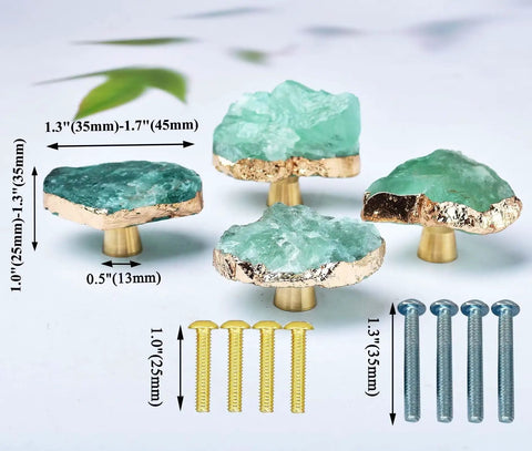 Green Fluorite Stone Cabinet Knobs Set Dope Healing Crystal Drawer Handles Gold Plated Gemstone Cupboard Pulls For Home Office Decor Fits Kitchen Cabinets Dressers 4 Pack on white background