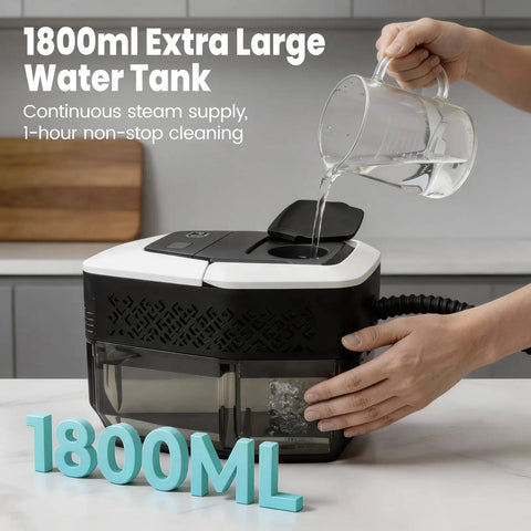 Supercharged Portable Handheld Steam Cleaner With Lightning Fast Fifteen Second Heat Up That Blasts Away Stubborn Grease And Gunk Instantly While Delivering Four Bar Pressure For Spotless Surfaces, showcasing 1800ml water tank being filled.